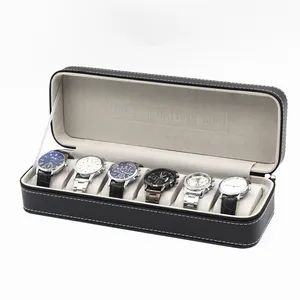 Promotional China watch box company with pu leather for women's gift zipper 6 slots watch packaging case