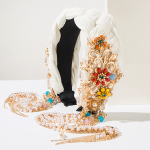 Serre-tête simple tressé à la main, style ethnique, polyvalent, avec pompon, incrustations métalliques et fleur de perles, accessoires pour cheveux femme - Product Image 6