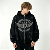 Hoodie Heavyweight Distressed Zip Up dengan Cetakan Nomor Sayap dan Detail Lubang, Streetwear Pria