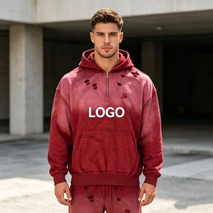 Sudadera con capucha para hombre con cremallera, estilo rasgado y desgastado, con estampado en relieve y lavado ácido, 500G, de felpa francesa 100% algodón, para hombre. - Product Image 3