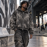 Sweat à capuche zippé personnalisé pour homme, épais, délavé, effet vieilli, motif gothique, coupe oversize, style streetwear vintage, vente en gros B2B, OEM