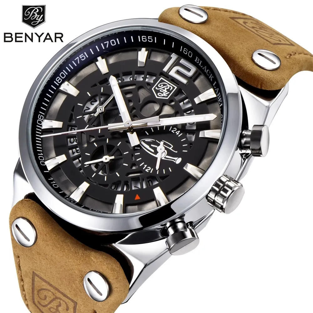 BENYAR 5112 Chronograph Sport Watches Men Leather Casual Fashion Top Brand Male Quartz Watch Waterproof Fashion Watch For Man