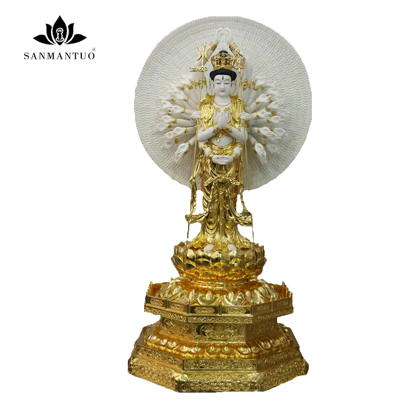 กลั่นมือทาสีทอง Leaf Avalokitesvara รูปปั้นความบริสุทธิ์สูงมือวาด Gold Leaf