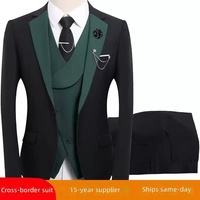 Ensemble de costume trois pièces pour homme, noir et beige, formel, pour affaires, mariage, soirée, veste, gilet, pantalon, coupe ajustée