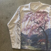 Camiseta de Manga Larga para Hombre, Estilo Y2K, Casual, con Estampado Floral y Letras, Cuello Redondo, Tejido Waffle, Venta al Por Mayor