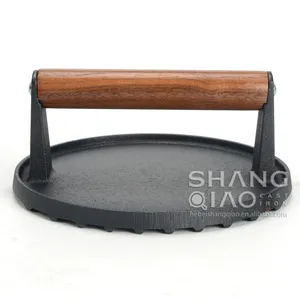 Round Heavy Duty Cast Iron Smash Grill Press Meat Steak With Wood Handle Cast Iron Burger Press