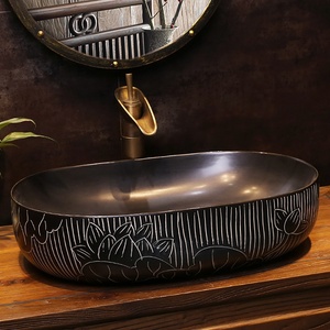 Lavabo da <span class=keywords><strong>bagno</strong></span> ovale in marmo con incisioni a strisce, smaltato a forno, colore blu e argento, lavabo artistico da appoggio, all'ingrosso - Product Image 4