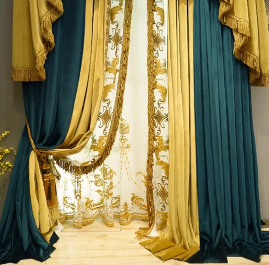 Nueva cortina Real de estilo americano europeo Retro, parche verde dorado de lujo, decoración para sala de estar, cortinas de terciopelo negro