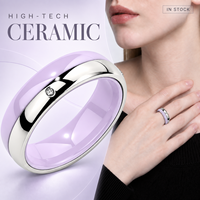 Bague en céramique haute technologie argentée violette avec accent en zircon rond transparent en acier inoxydable, cadeau de mariage unisexe, vente en gros OEM ODM