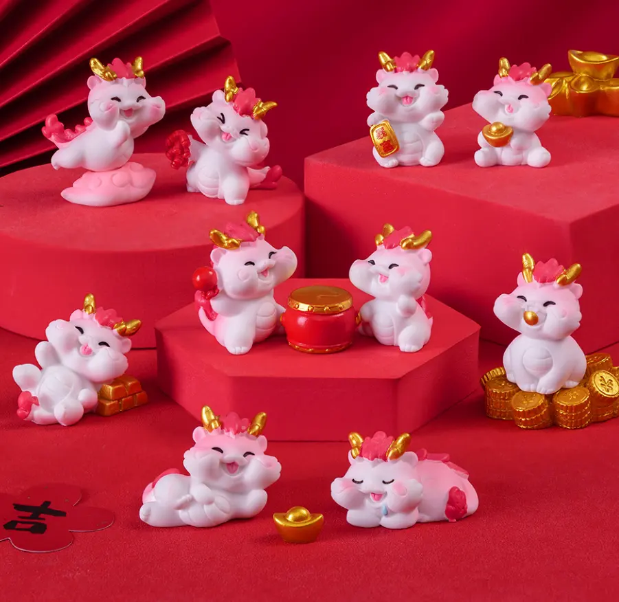 2024 चीनी नए साल के लघु हरे सफेद गुलाबी लाल पीले रंग का नीला पशु ड्रैगन खिलौना बच्चों के लिए कार्टून सुपर प्यारा ठोस लाक्षणिक