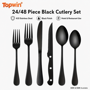 24 48 Piece 410 Stainless Steel Black Cutlery Set Steak Knife Fork Spoon Flatware for Hotel Restaurant Gift <b>Box</b> - Product Image 1