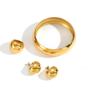 Conjunto de Joyería de Acero Inoxidable, Chapado en Oro de 18K, Pulsera Geométrica, Anillo, Aretes, Unisex, Regalo Moderno, Accesorio de Moda - Product Image 5