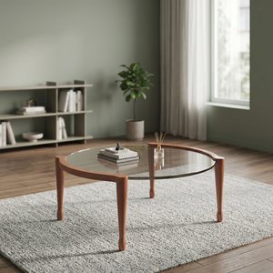 Mesa de Centro Moderna Ovalada con Tapa de Vidrio Templado y Base de Madera, Diseño de Mediados de Siglo, Muebles para Sala de Estar - Product Image 3