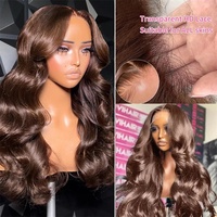 Perruque Body Wave sans colle en cheveux humains, Lace Frontal HD brun rougeâtre, vente en gros, cheveux indiens bruts double drawn