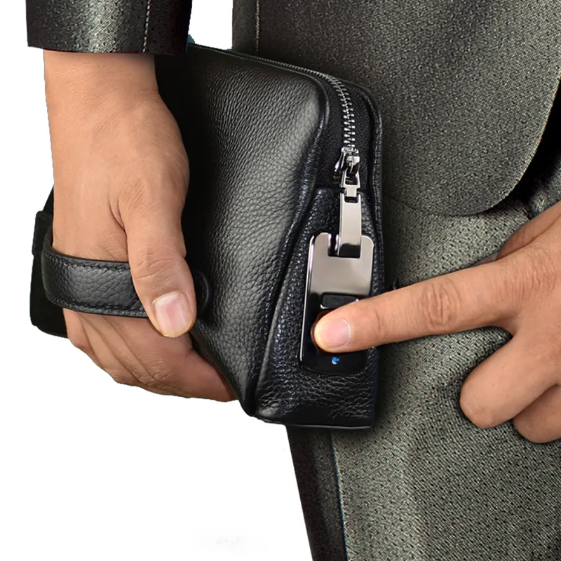 2022 Trendy Fingerprint Bag Genuine Leather Luxury Business Cluth Finger Lock Zipper Hand Bags Unique Designer Handbags for Men