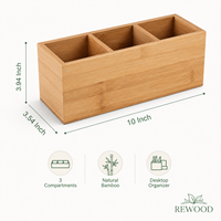 Organisateur de bureau en bambou naturel, boîte de rangement de bureau avec 3 compartiments, porte-stylos, porte-télécommande, organisateur de fournitures de bureau