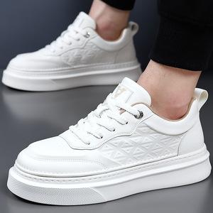 Baskets plateforme blanches pour hommes, printemps, bout rond, à lacets, semelle extérieure en caoutchouc respirante, chaussures décontractées et tendance - Product Image 2