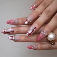 Ongles à presser Sweet-Girl en acrylique, motif écossais rouge, nœud argenté, cœur en strass, forme amande, dégradé rose, fabrication artisanale de haute qualité