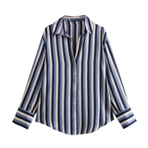 Camicia Elegante a Righe per Donna, Design alla Moda, Top da Ufficio, Texture Satinata, Maniche Lunghe Drappeggiate, Blusa Femminile 3908 - Product Image 5