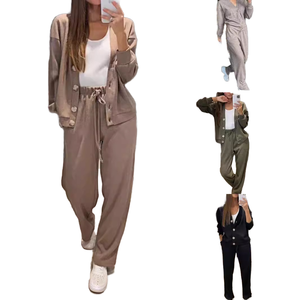 Conjunto de Pantalones Rectos Casuales y Suéter Holgado Transpirable con Cuello en V, Color Sólido, Nueva Moda Otoño 2025, Venta al Por Mayor - Product Image 1