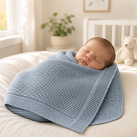 Couverture bébé en coton tricoté Pinuotu 80x100cm, bord côtelé à mailles quadrillées, bleu ardoise, nouveau-né, OEM ODM personnalisé