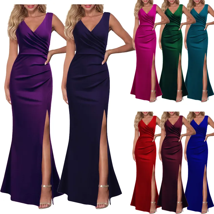 Custom Solid Color High-Slit Cut Out Backless Dress Evening Slim Fitted Halter Sleeveless Gown Asymmetric Dress