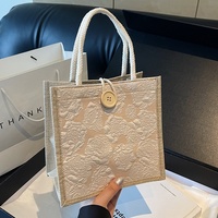 Sac fourre-tout en lin pour femme, motif floral, fermeture auto-agrippante, collection Printemps 2025, grand sac à bandoulière tendance pour transporter des boîtes à lunch
