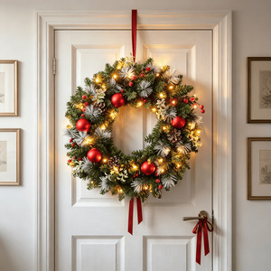 YUELIAN Corona Navideña Artificial de 20cm-60cm Preiluminada con Luz Cálida, Piñas y Ramas Escarchadas para Decoración de Puerta Principal o Pared - Product Image 4