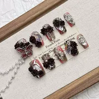 Faux ongles carrés courts à presser, en acrylique, faits à la main, noirs, avec motif papillon 3D, forme amande, pour femmes