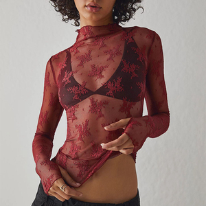 Chemisier transparent à col montant 10 couleurs Channel, haut en dentelle florale transparente, <span class=keywords><strong>chemise</strong></span> en maille à manches longues pour <span class=keywords><strong>femme</strong></span> - Product Image 3