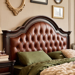 Lit double américain en bois de cerisier massif avec tête de lit moelleuse et revêtement en cuir de vachette - Tailles 1,8 m/2 m - Product Image 3