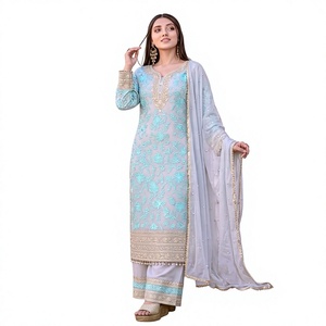 Women Traditional Salwar Kameez Light Blue Gold Embroidery Floor Length Silk Wedding Wear India Pakistan Ethnic <b>Dress</b> - Product Image 1
