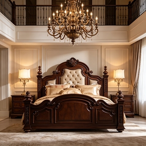 Bodenbett im Traditionellen Heritage-Stil, Geschnitztes Holzbett mit Hoher Rückenlehne, Diamant-Knopfheftung, Cremefarbenes Leder, Kingsize-Bett, Wohnmöbel - Product Image 2