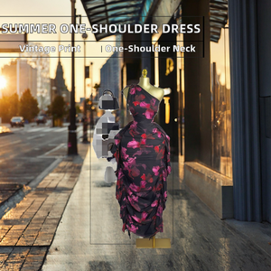 Vestidos midi de moda para mujer, casuales de otoño, sin mangas, con un solo hombro, escote inclinado, estampados, con lazo en la cintura y volantes, estilo lápiz. - Product Image 2