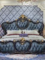 Europäisches Doppelbett aus Massivholz mit Echtleder-Weichlehne und Schnitzereien - Hauptschlafzimmer Brautprinzessinnen-Stil Großes Bett CH05-L