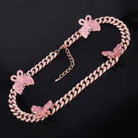 Collar de Cadena Cubana de Aleación de Zinc con Mariposa en Oro Rosa y Alas de Cristal Rosa, Estilo Iced Out, para Hombres y Mujeres, Joyería Hip Hop de Moda