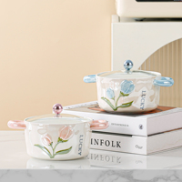 Haute qualité micro-ondes Double poignée cuisine en céramique ronde 750ml nouilles instantanées bol à soupe avec couvercle