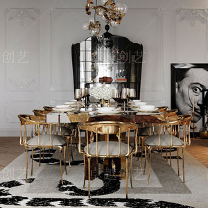 Mesa de Comedor Rectangular de Nogal Negro con Estructura de Acero Inoxidable Dorado Pulido para <span class=keywords><strong>Restaurante</strong></span> de Villa, Muebles de Comedor de Alta Gama - Product Image 6