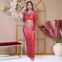 Strass 2-teiliges Maxirock-Set Langarm Damen Mock Neck Crop Top Bodycon Co-ords Sexy Club Geburtstag Party Outfit 2026
