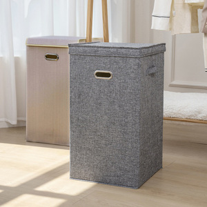 Collapsible Laundry Basket Cotton Linen Rectangle With Lid Foldable <b>Storage</b> Organizer For Bathroom Clothes - Product Image 1
