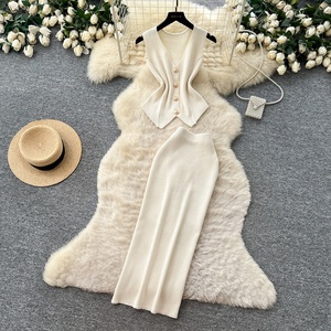 Ensembles basiques d'été pour femmes : haut sans manches et jupe longue en tricot taille haute - Product Image 5