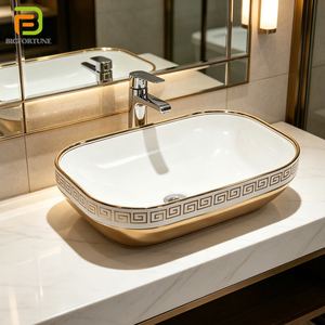 Vasque rectangulaire artistique dorée en <span class=keywords><strong>céramique</strong></span> à poser sur comptoir pour salle de bain, idéale pour les projets (vente en gros) - Product Image 1