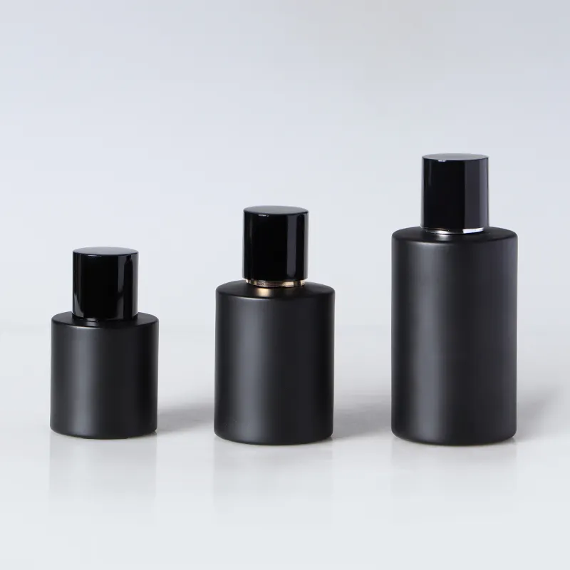 Pulverizador de perfume de alta qualidade, frasco de vidro com tampa preta, cilindro preto fosco de 30ml e 50ml