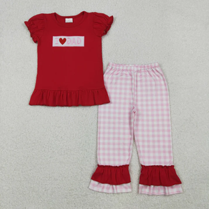 Ensemble de vêtements pour filles avec haut rouge brodé I LOVE MOM et pantalon à carreaux - Product Image 3