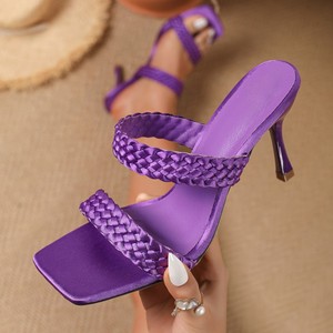 Sandalias de tacón de aguja con doble tira trenzada de satén y punta cuadrada para mujer, calzado de noche con tacón delgado tejido - Product Image 6