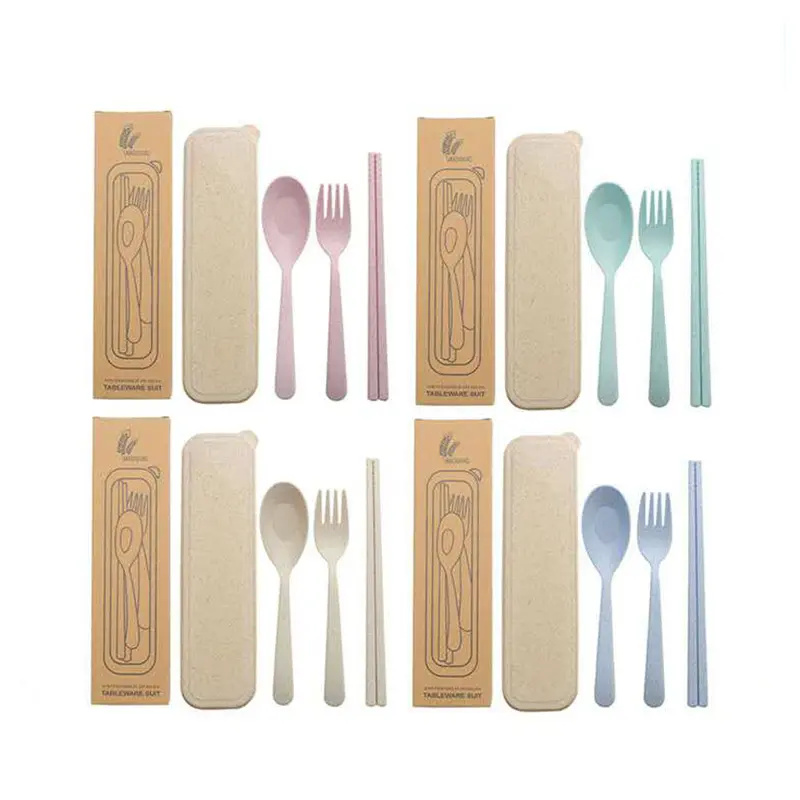 Eco Friendly Reusable Flatware Wheat Straw Portable Cutlery Spoon Fork Chopsticks 3Pcs Wheat Straw Cutlery Set Tableware