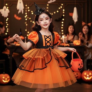 Ultimo Modello di <span class=keywords><strong>Costume</strong></span> da <span class=keywords><strong>Strega</strong></span> per Bambine con Maniche Corte, Cappello e Borsa a Zucca, Set per Travestimenti Festivi e Cosplay - Product Image 5