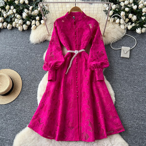 Robe élégante pour femmes, <span class=keywords><strong>vintage</strong></span>, à col rond, à manches bouffantes, à boutons, à taille nouée, avec broderie complexe - Product Image 1