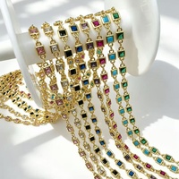 Chaîne de bijoux en gros avec zircons multicolores et multiformes, vendue au mètre, maillons de collier en pierres turquoise, émeraude, fuchsia, noires et bleues