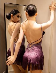 Falda de baile latino morada de fábrica, sin espalda, con borlas, para Rumba, Samba, Chachachá, <span class=keywords><strong>Tango</strong></span>, para mujer, para competición y práctica de baile. - Product Image 6